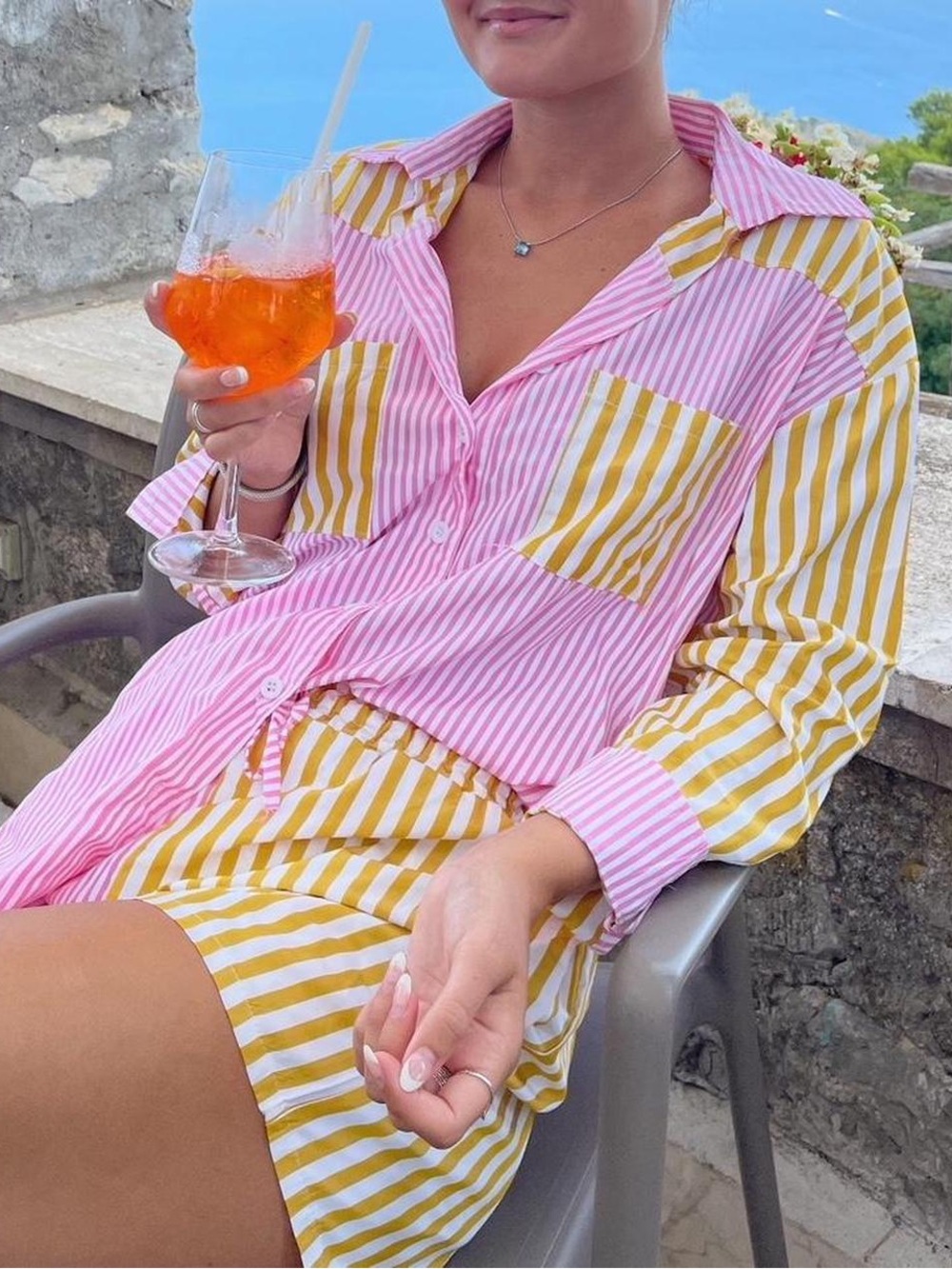 Cotton Striped Pink Yellow Resort Oversized Button Down Shirt Short Set Beach